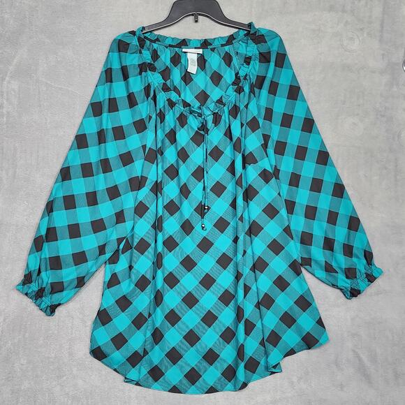 Catherines Tunic Top Blouse 2X Buffalo Check Chiffon Teal and Brown Peasant - Picture 1 of 7